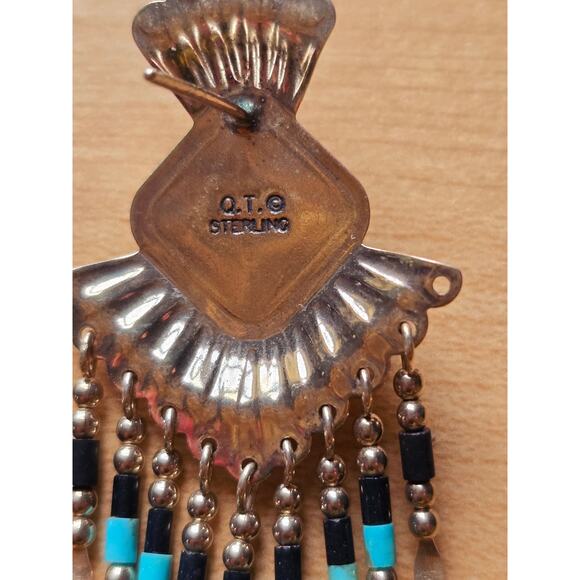 QT Quoc Turquoise Sterling Silver Southwestern Fringe Drop Earrings Signed - Picture 4 of 6